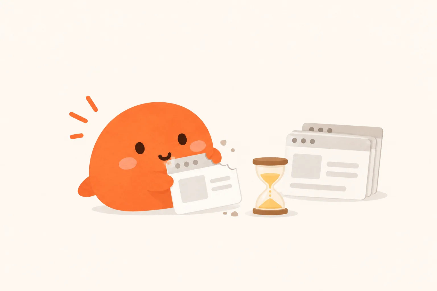 Chomp beside an hourglass, nibbling a browser tab with saved pages behind.