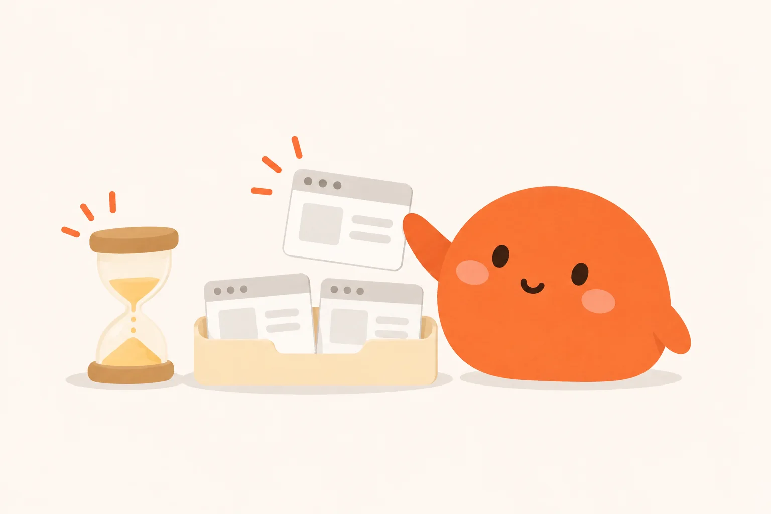 Chomp rescuing one useful browser tab beside a countdown hourglass.